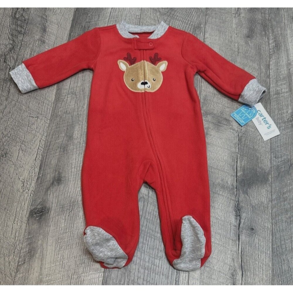 Carters Baby Sleepwear Footie Fleece Reindeer 6 Month Red 2 Way‎ Zipper NEW